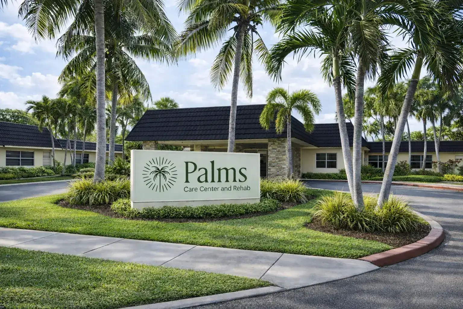 The Palms Care Center exterior in Lauderdale Lakes, FL — a clean, welcoming rehabilitation facility